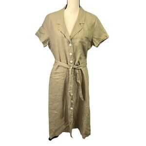 Quince | NWOT Women's Khaki 100% Linen Button Front Belted Midi Dress Sz L